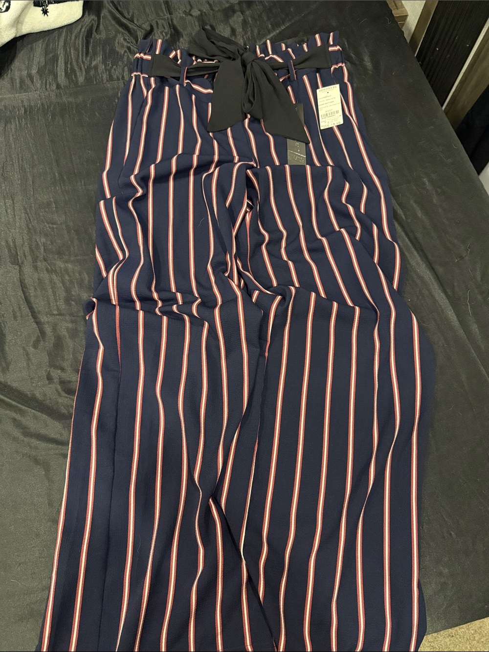 Navy Vertical Stripe Wide-Leg Pants with Black Self-Tie Waist